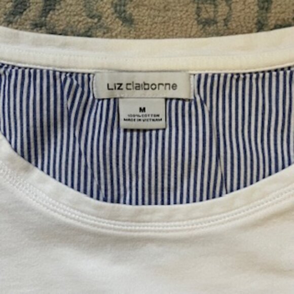 🧡3/15 Liz Claiborne Crew Neck Layered with Blue Stripe Sweatshirt Women’s M - Picture 2 of 7